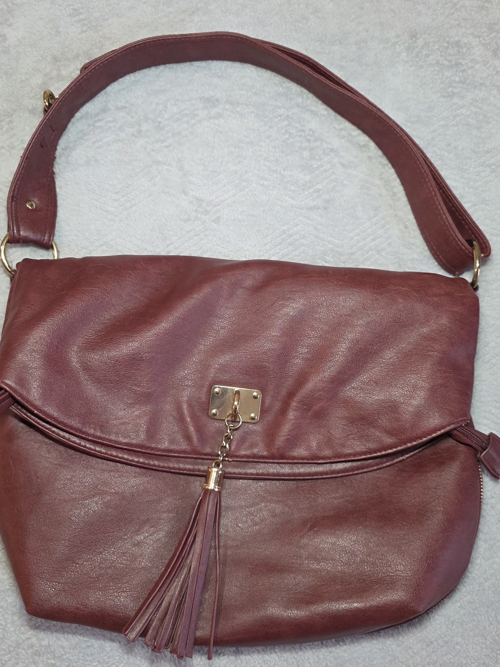 Burgundy Foldover Hobo Shoulder Bag Tassel Purse